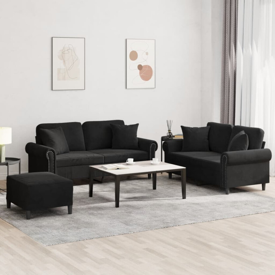 vidaXL 3-delige Loungeset met kussens fluweel zwart afbeelding 1