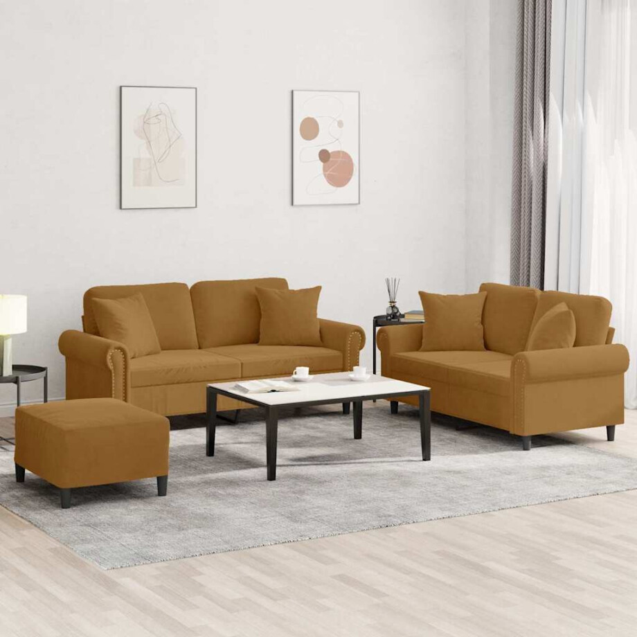 vidaXL 3-delige Loungeset met kussens fluweel bruin vidaXL 3-delige Loungeset met kussens fluweel bruin afbeelding 1