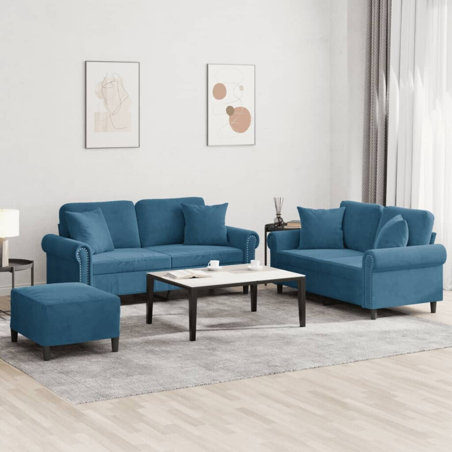vidaXL 3-delige Loungeset met kussens fluweel blauw vidaXL 3-delige Loungeset met kussens fluweel blauw afbeelding 1