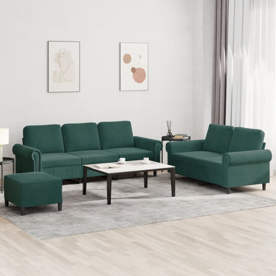 vidaXL 3-delige Loungeset met kussens fluweel donkergroen vidaXL 3-delige Loungeset met kussens fluweel donkergroen afbeelding 1