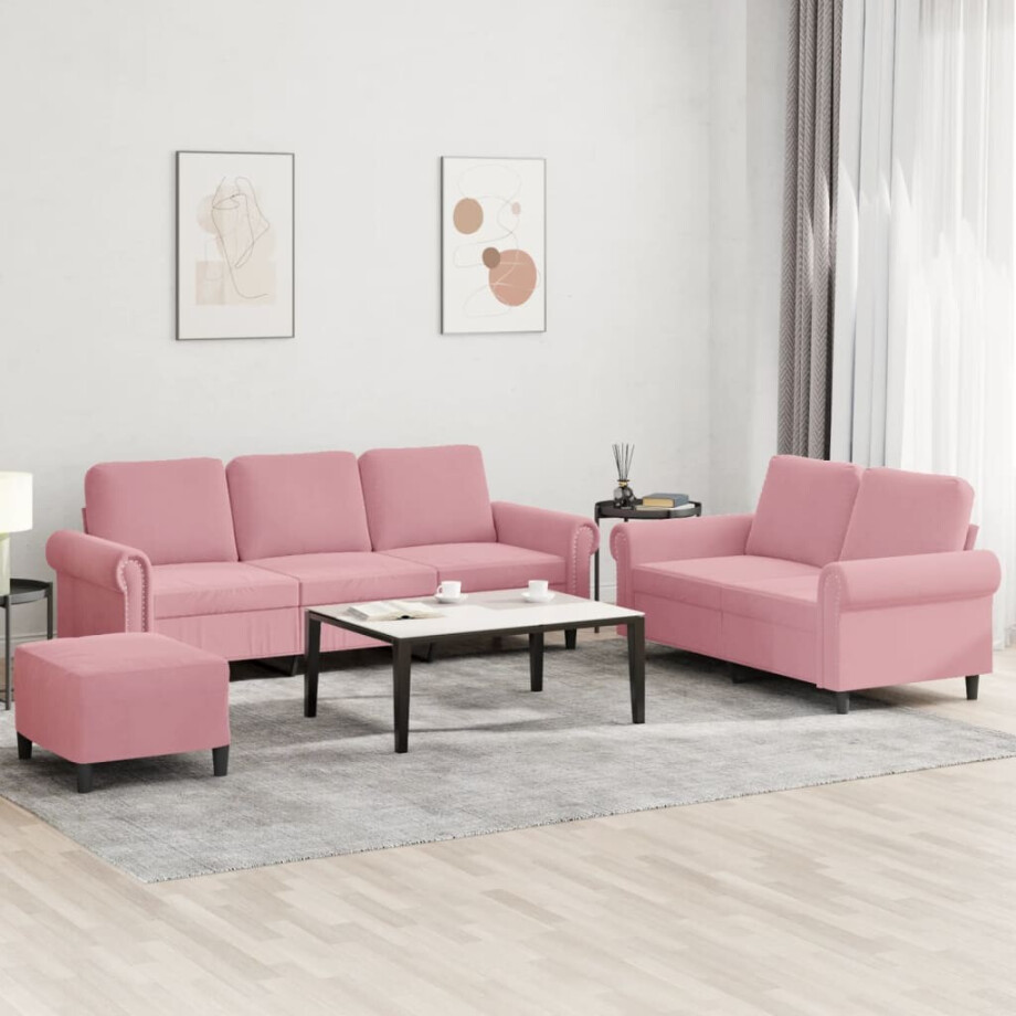 vidaXL 3-delige Loungeset met kussens fluweel roze afbeelding 1
