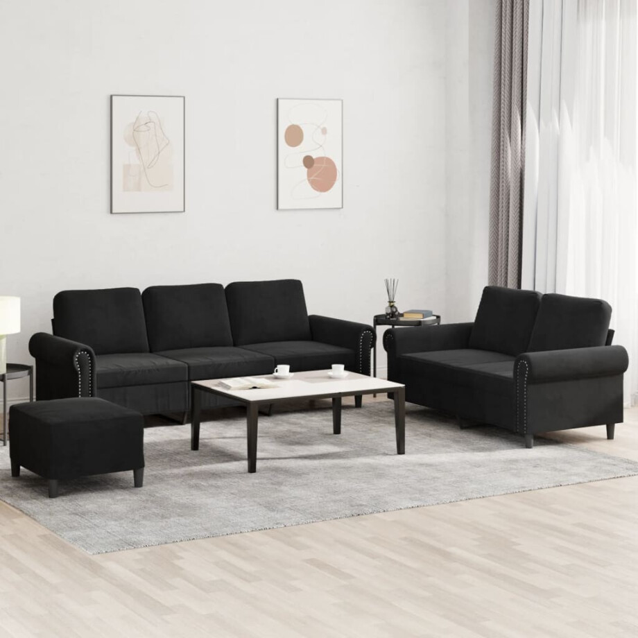 vidaXL 3-delige Loungeset met kussens fluweel zwart afbeelding 1