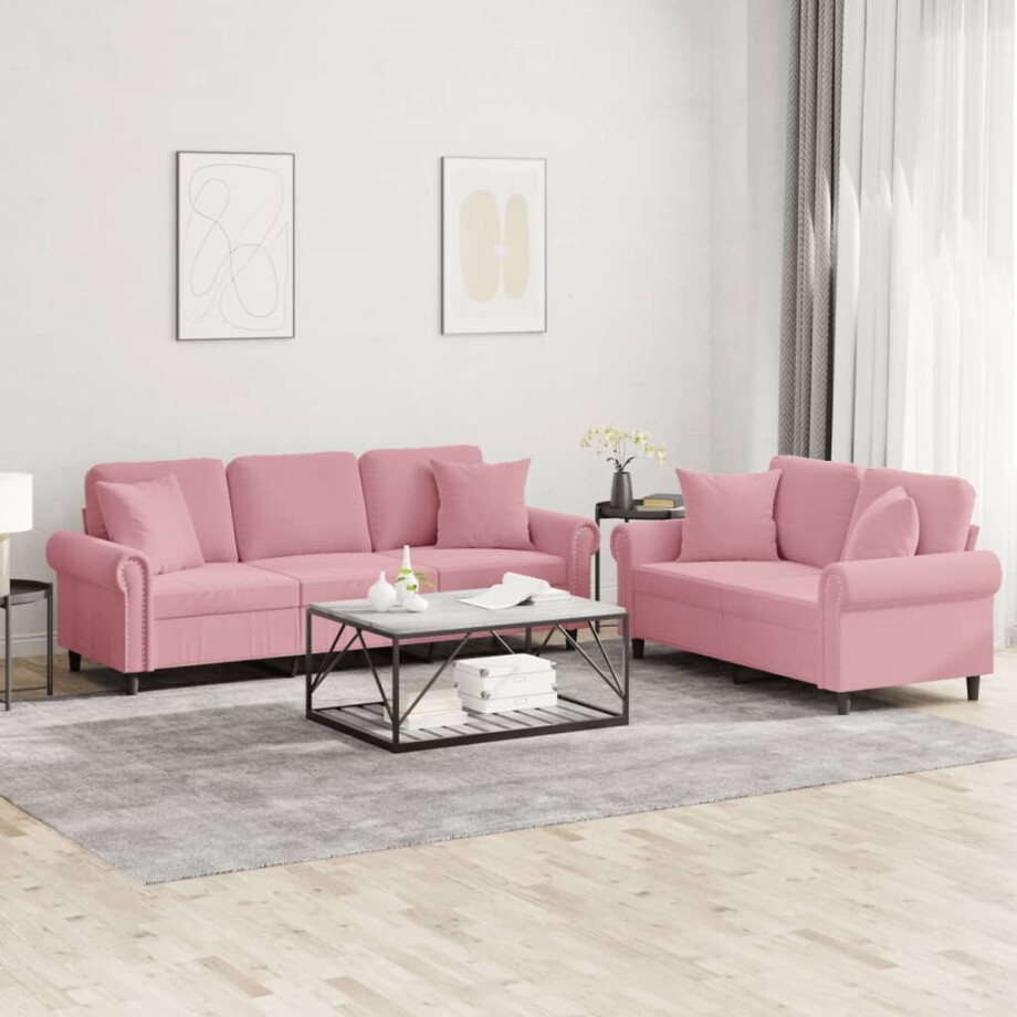 vidaXL 2-delige Loungeset met kussens fluweel roze afbeelding 1
