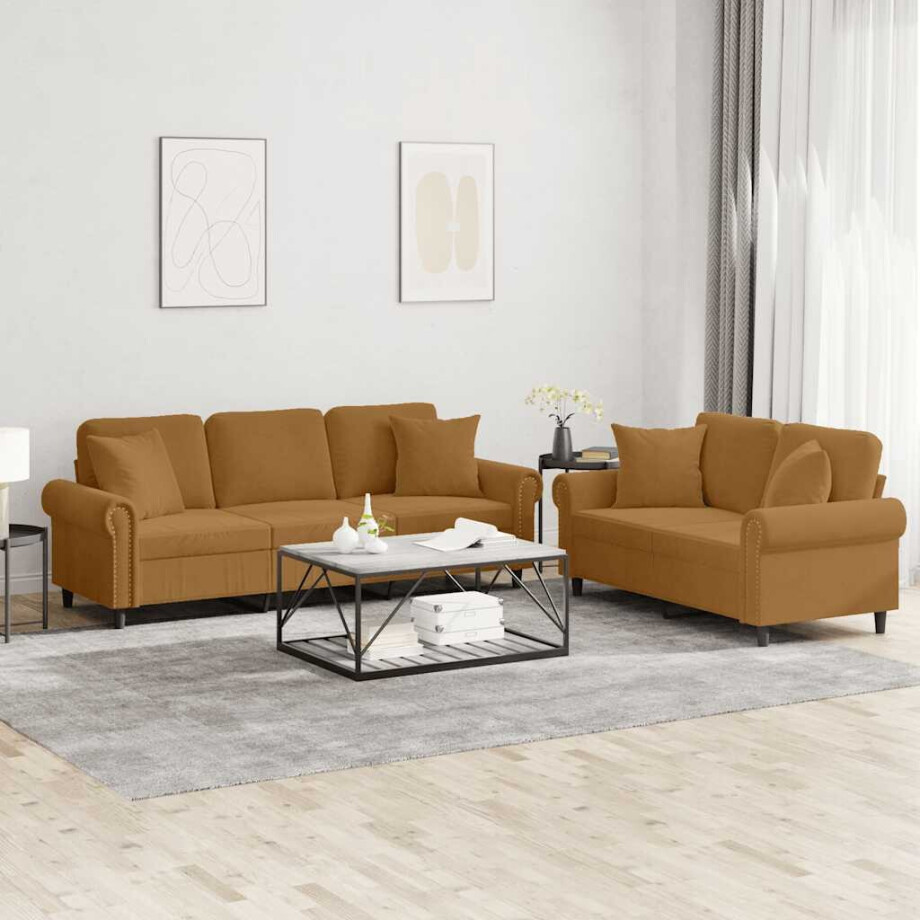 vidaXL 2-delige Loungeset met kussens fluweel bruin afbeelding 1