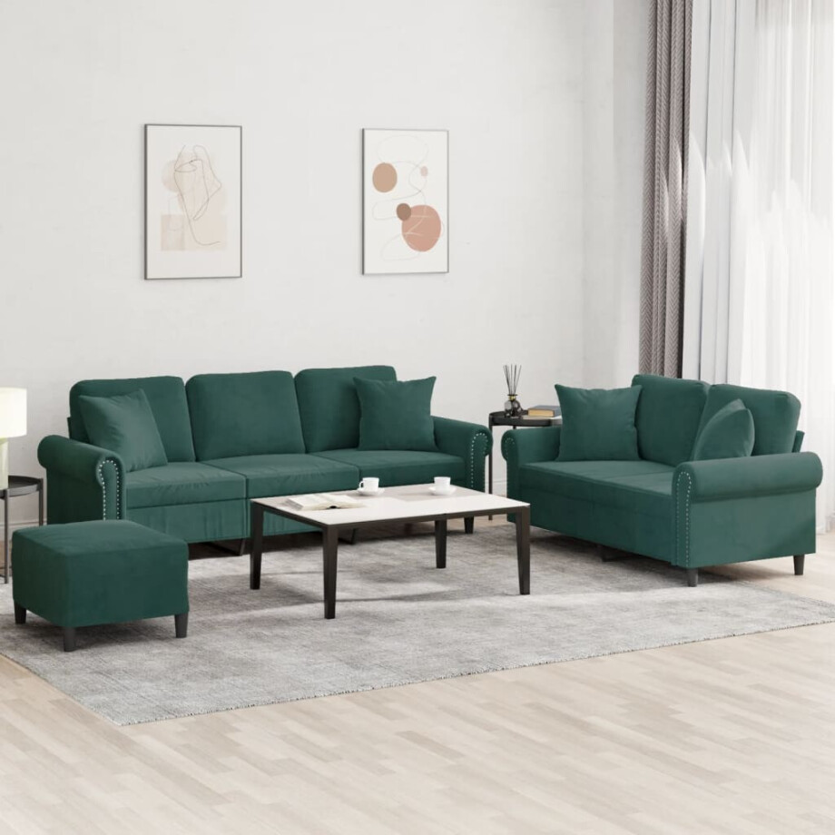 vidaXL 3-delige Loungeset met kussens fluweel donkergroen vidaXL 3-delige Loungeset met kussens fluweel donkergroen afbeelding 1