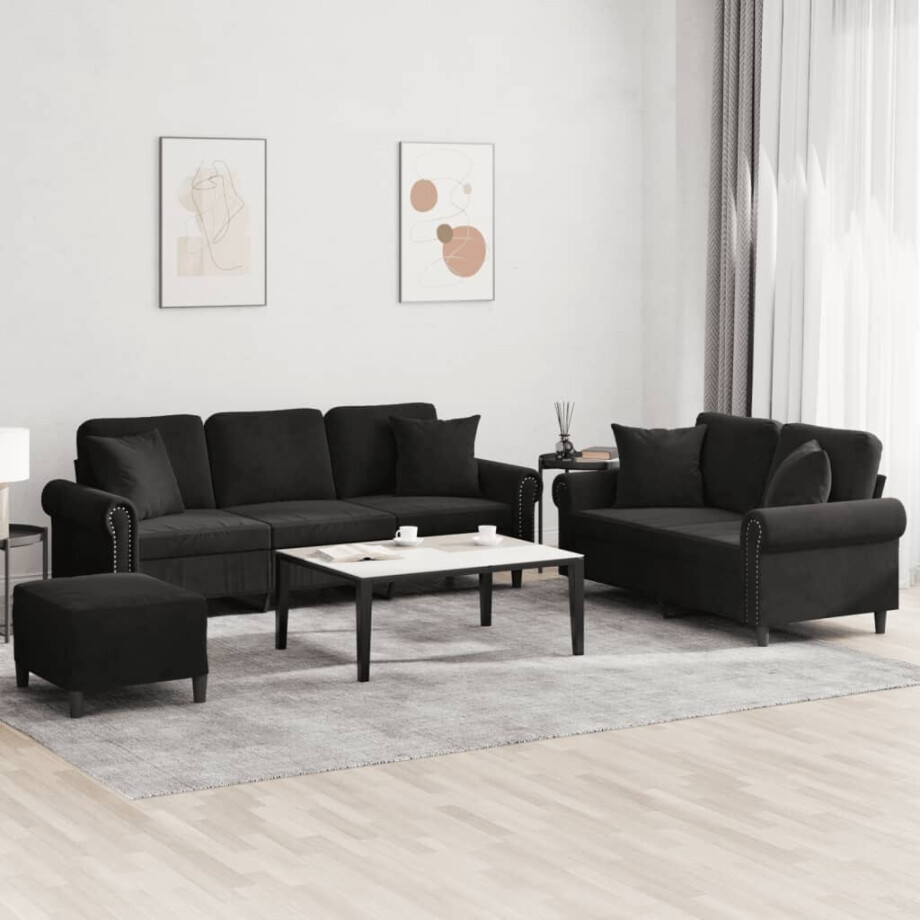 vidaXL 3-delige Loungeset met kussens fluweel zwart vidaXL 3-delige Loungeset met kussens fluweel zwart afbeelding 1