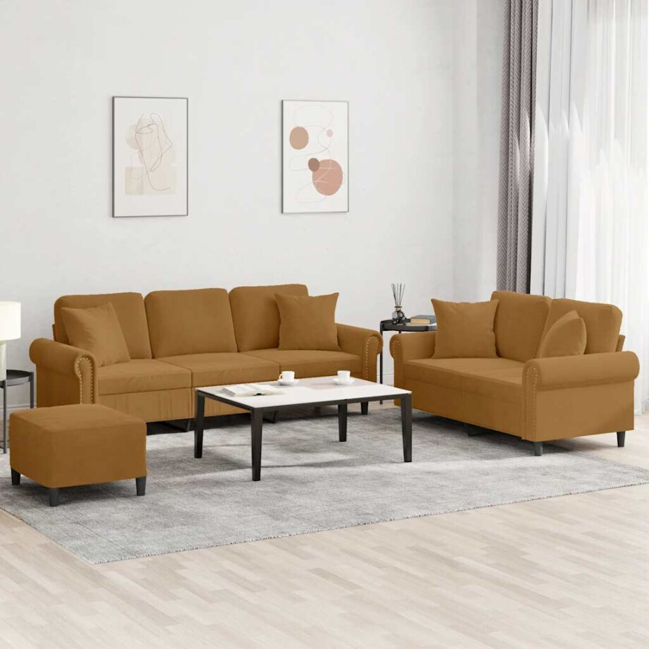 vidaXL 3-delige Loungeset met kussens fluweel bruin afbeelding 1
