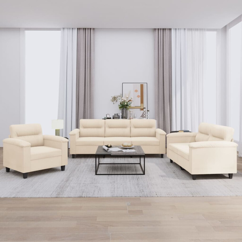 vidaXL 3-delige Loungeset met kussens microvezelstof beige afbeelding 1