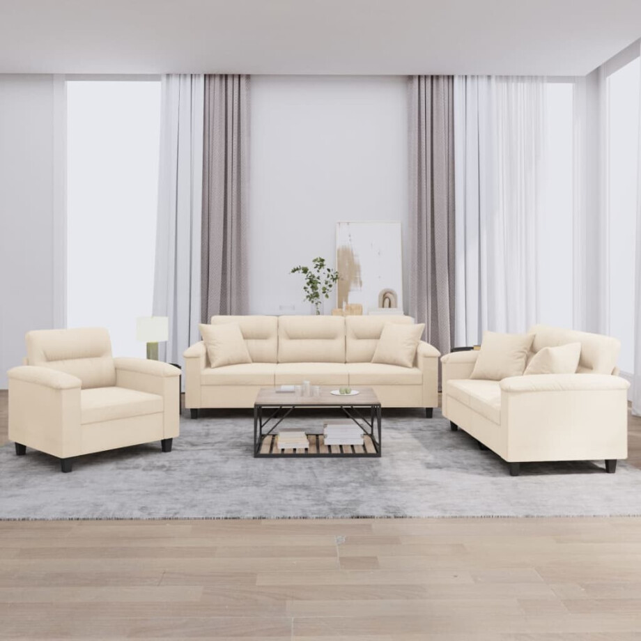 vidaXL 3-delige Loungeset met kussens microvezelstof beige vidaXL 3-delige Loungeset met kussens microvezelstof beige afbeelding 1