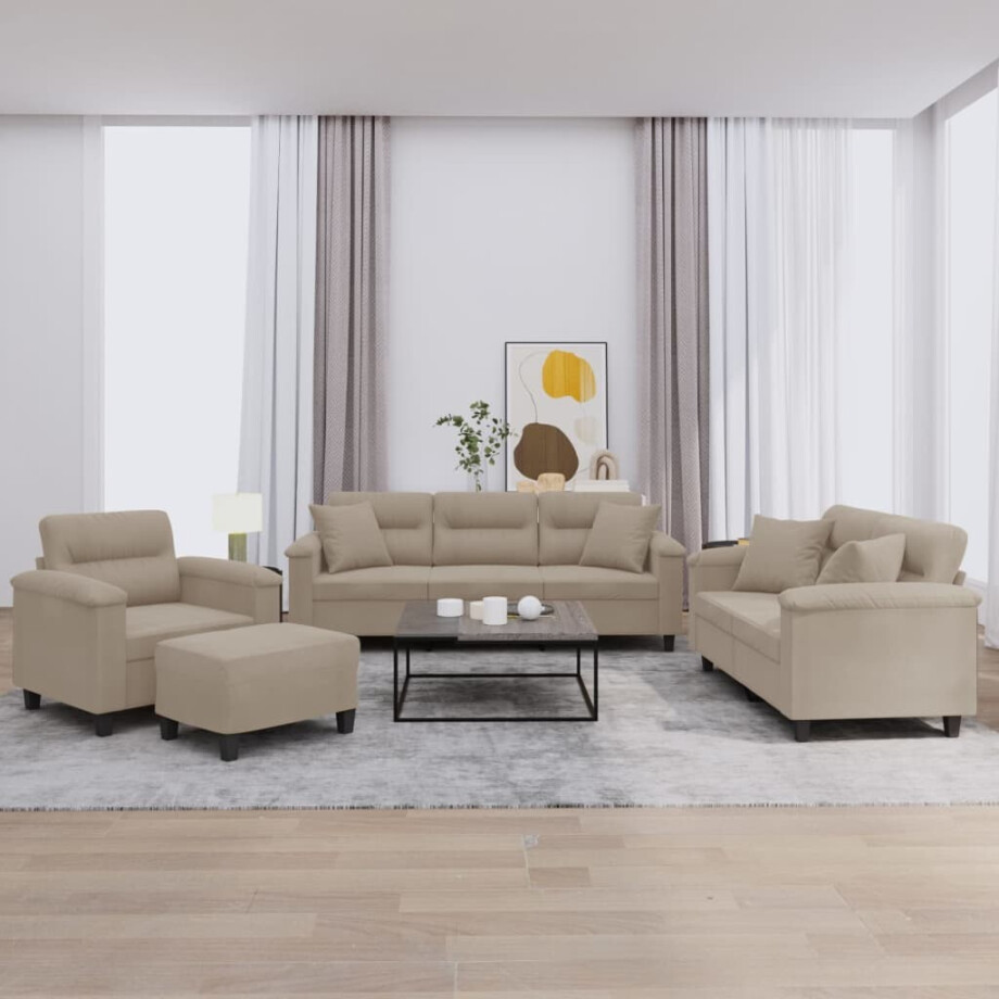 vidaXL 4-delige Loungeset met kussens microvezelstof taupe afbeelding 1