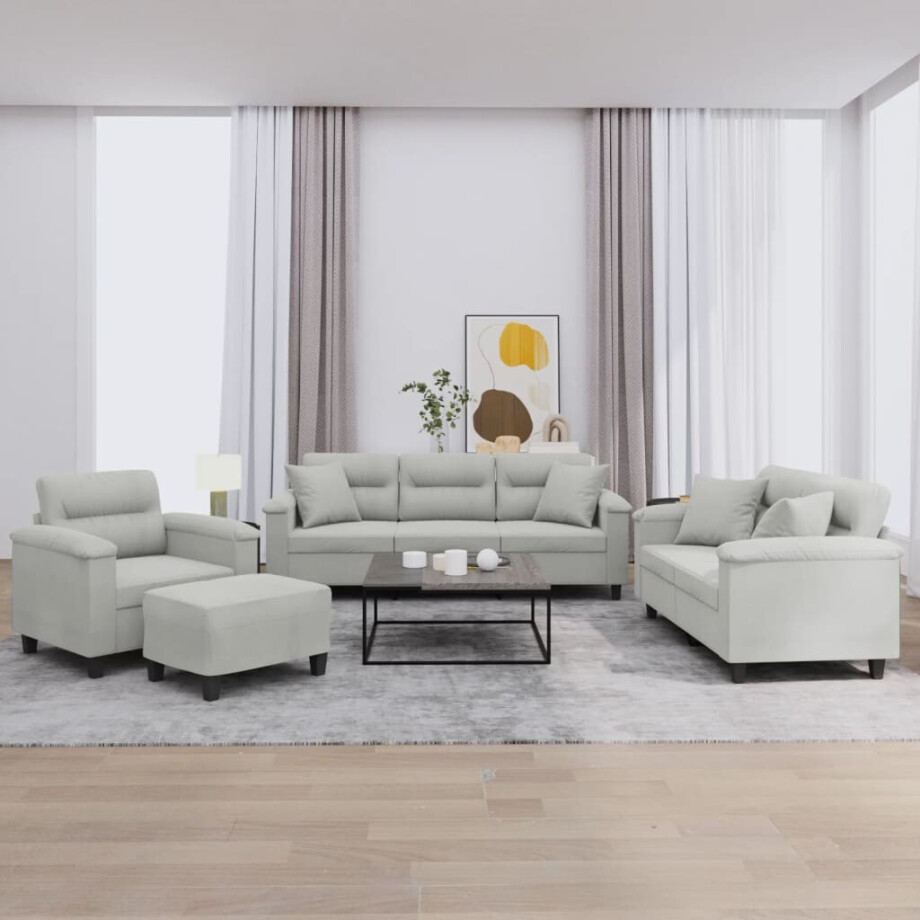 vidaXL 4-delige Loungeset met kussens microvezelstof lichtgrijs afbeelding 1