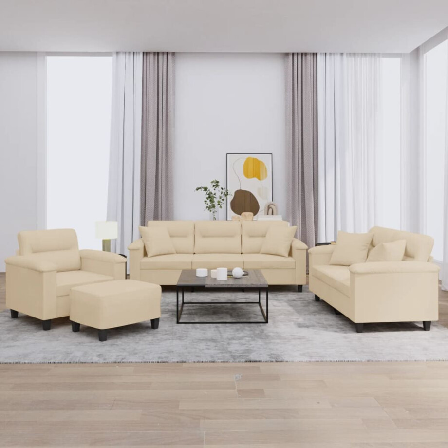 vidaXL 4-delige Loungeset met kussens microvezelstof crèmekleurig afbeelding 1