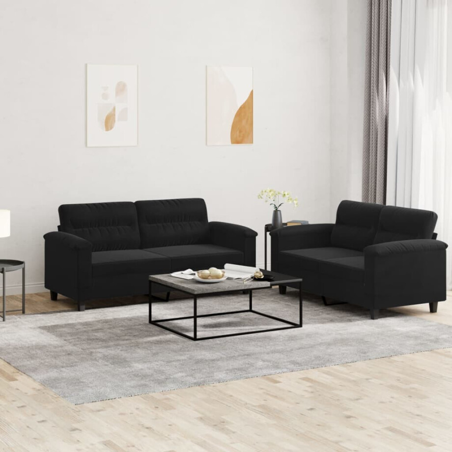 vidaXL 2-delige Loungeset met kussens microvezelstof zwart afbeelding 1