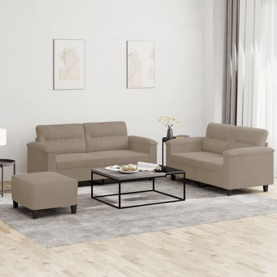 vidaXL 3-delige Loungeset met kussens microvezelstof taupe afbeelding 1