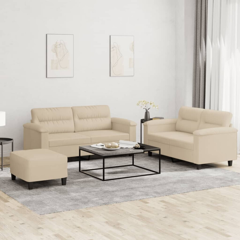 vidaXL 3-delige Loungeset met kussens microvezelstof crèmekleurig afbeelding 1