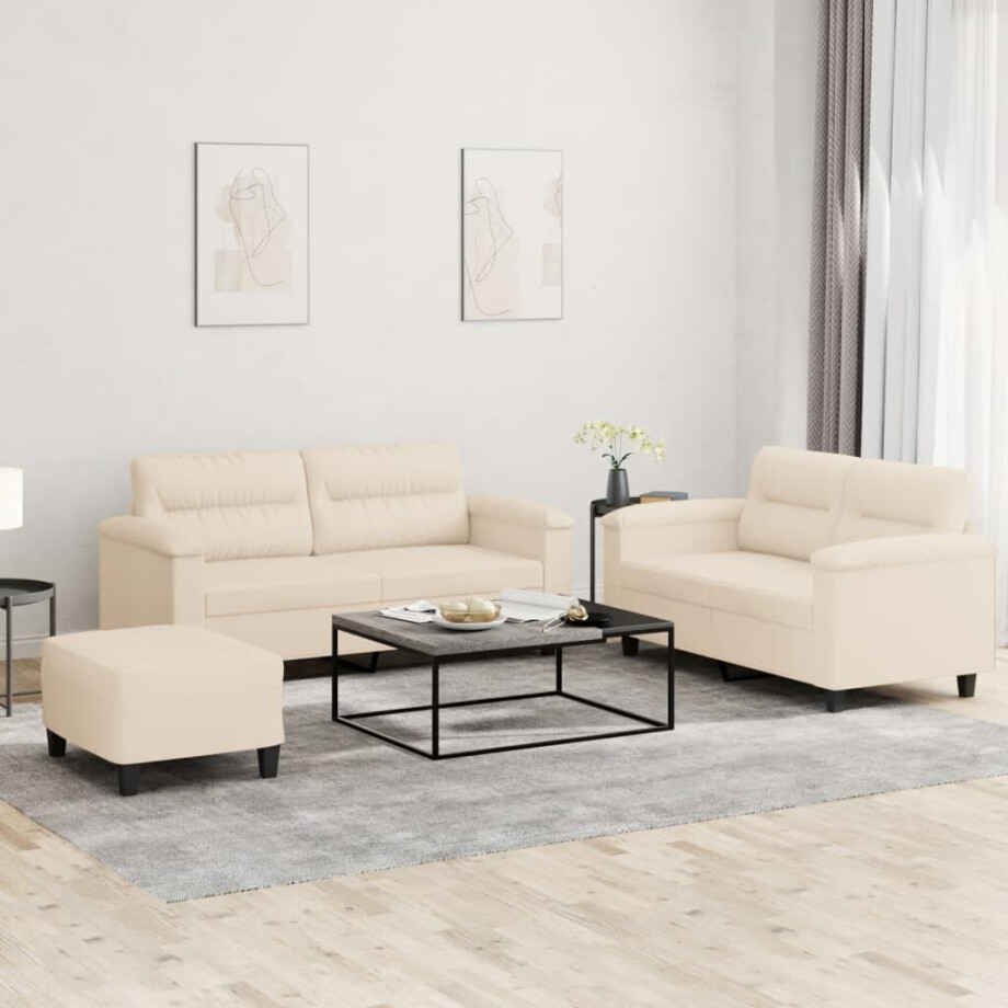 vidaXL 3-delige Loungeset met kussens microvezelstof beige afbeelding 1