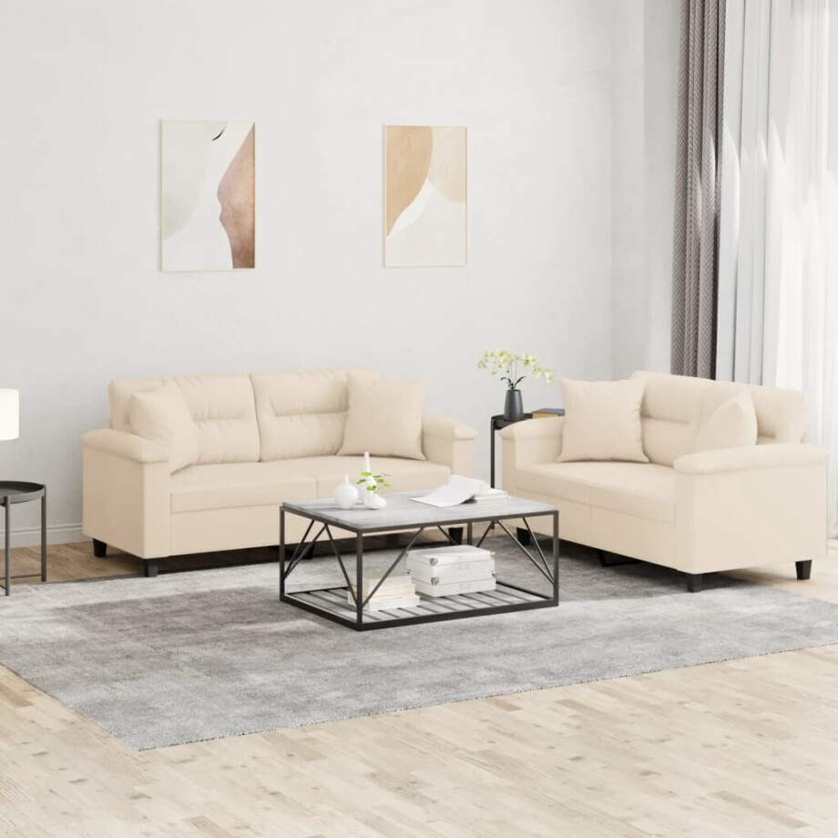 vidaXL 2-delige Loungeset met kussens microvezelstof beige vidaXL 2-delige Loungeset met kussens microvezelstof beige afbeelding 1