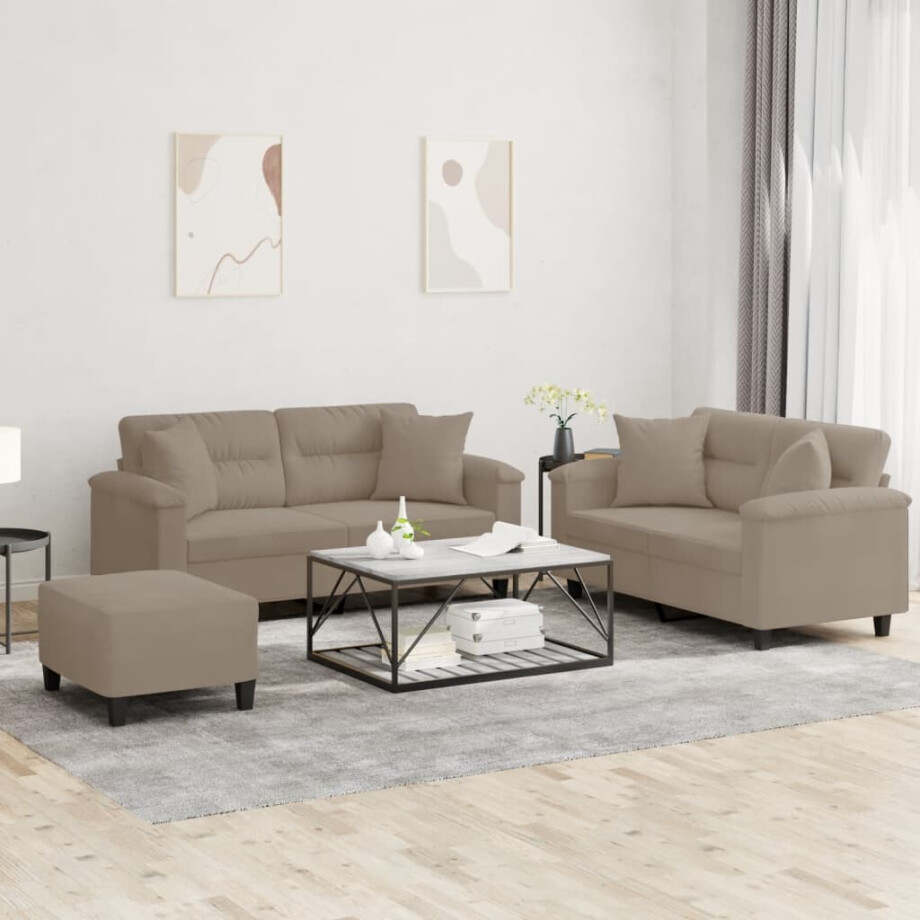 vidaXL 3-delige Loungeset met kussens microvezelstof taupe afbeelding 1