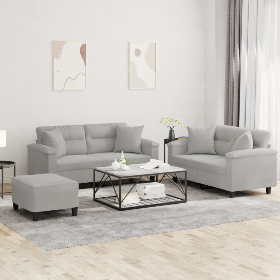 vidaXL 3-delige Loungeset met kussens microvezelstof lichtgrijs afbeelding 1