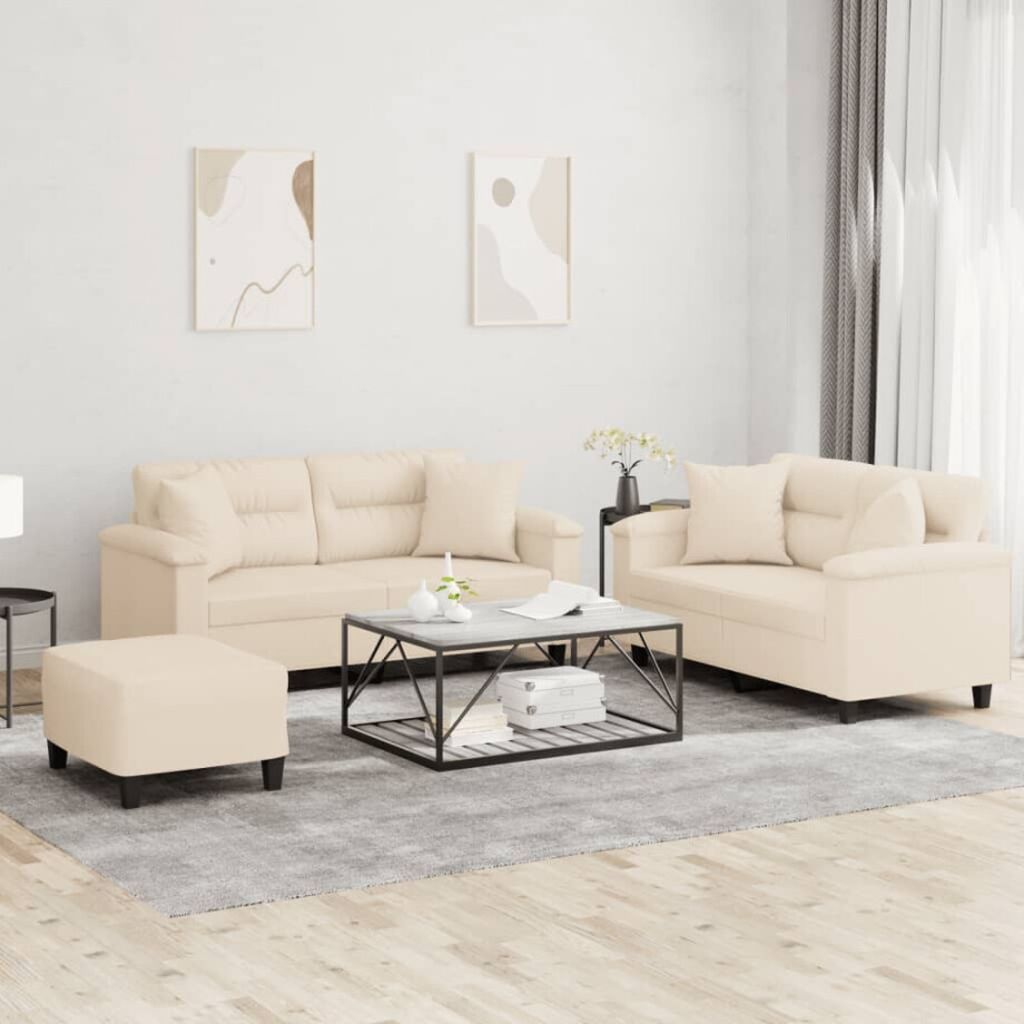 vidaXL 3-delige Loungeset met kussens microvezelstof beige afbeelding 1