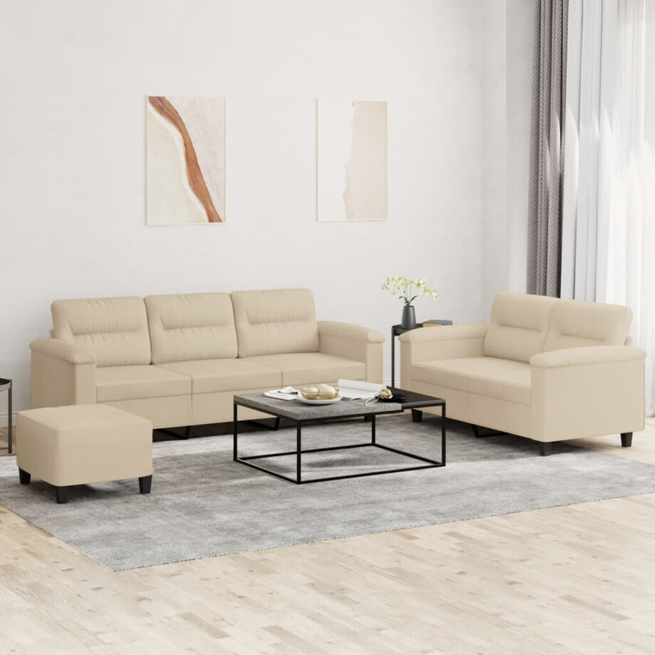 vidaXL 3-delige Loungeset met kussens microvezelstof crèmekleurig vidaXL 3-delige Loungeset met kussens microvezelstof crèmekleurig afbeelding 1