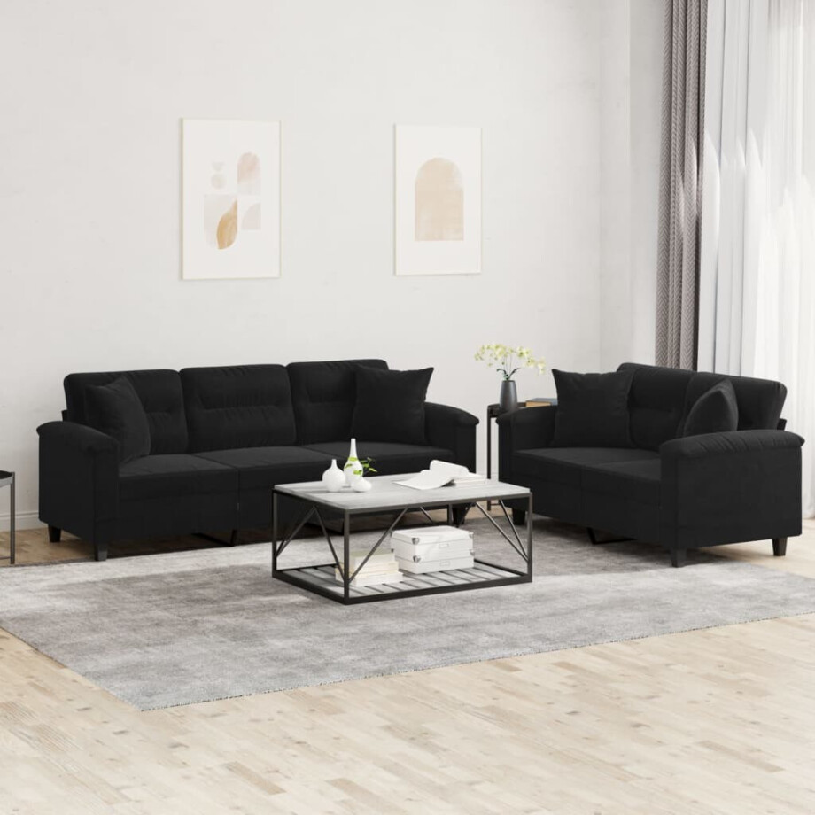 vidaXL 2-delige Loungeset met kussens microvezelstof zwart afbeelding 1