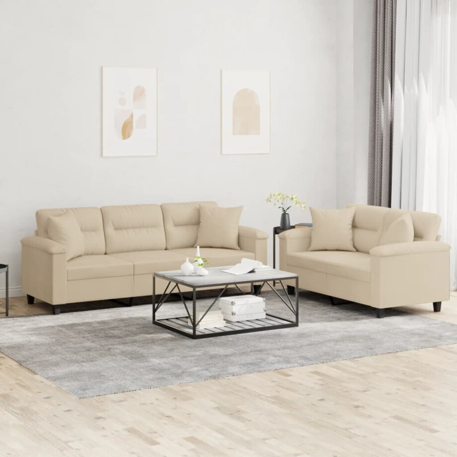 vidaXL 2-delige Loungeset met kussens microvezelstof crèmekleurig vidaXL 2-delige Loungeset met kussens microvezelstof crèmekleurig afbeelding 1