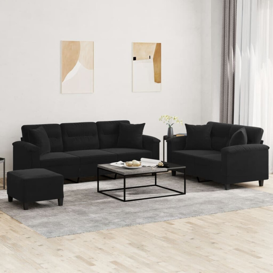 vidaXL 3-delige Loungeset met kussens microvezelstof zwart vidaXL 3-delige Loungeset met kussens microvezelstof zwart afbeelding 1