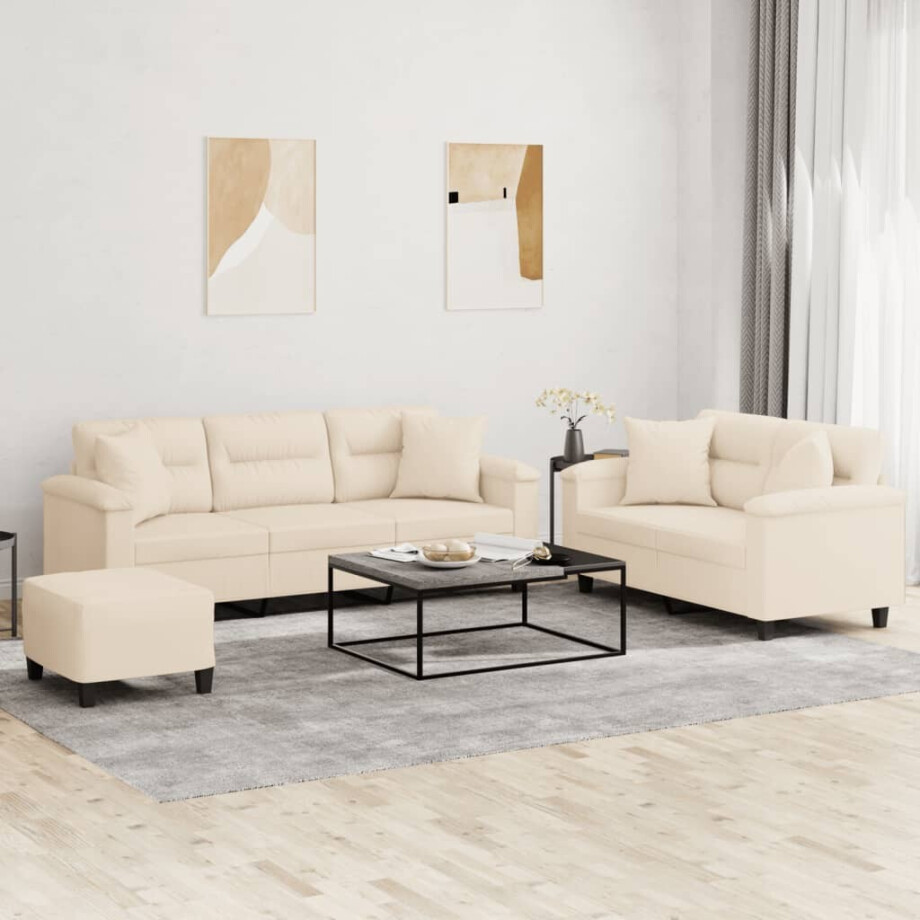 vidaXL 3-delige Loungeset met kussens microvezelstof beige vidaXL 3-delige Loungeset met kussens microvezelstof beige afbeelding 1