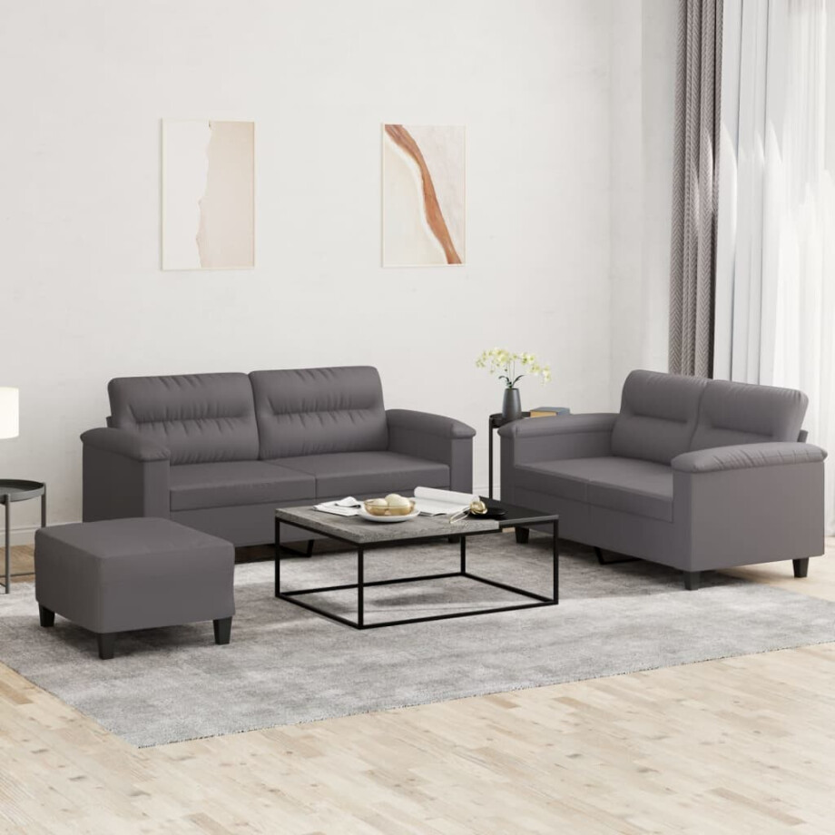 vidaXL 3-delige Loungeset met kussens kunstleer grijs afbeelding 1