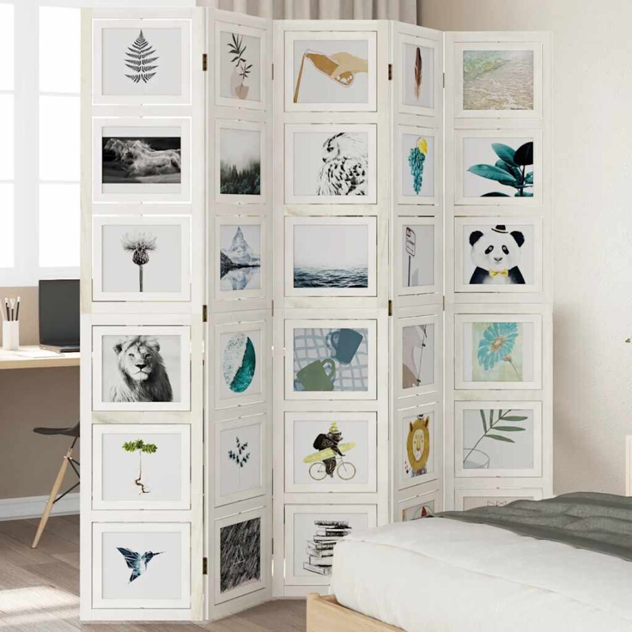 vidaXL Kamerscherm met 5 panelen massief paulowniahout wit afbeelding 1