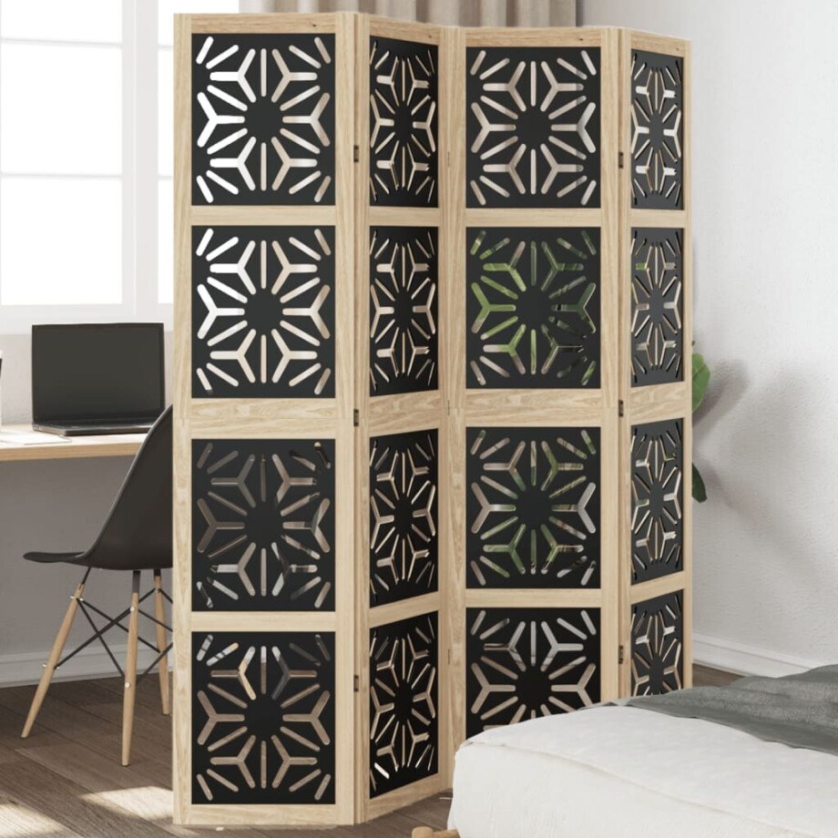 vidaXL Kamerscherm met 4 panelen massief paulowniahout bruin en zwart afbeelding 1