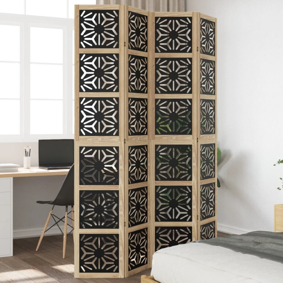 vidaXL Kamerscherm met 4 panelen massief paulowniahout bruin en zwart afbeelding 1