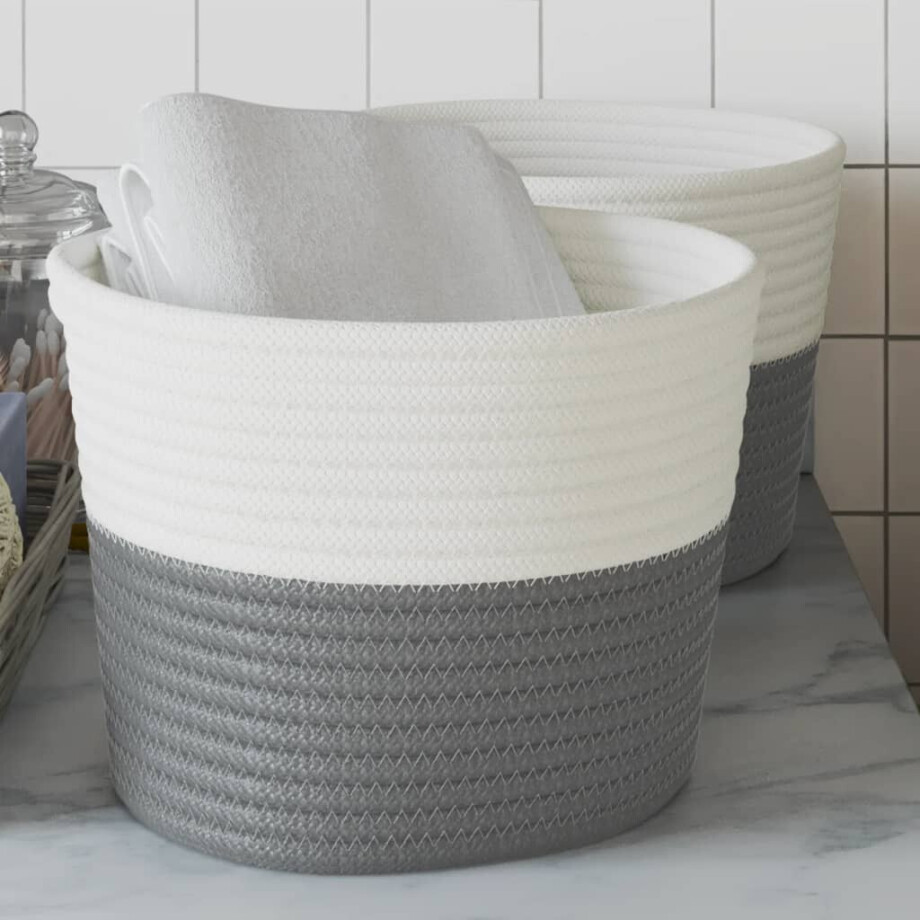 vidaXL Opbergmanden 2 st Ø 24x18 cm katoen grijs en wit afbeelding 1