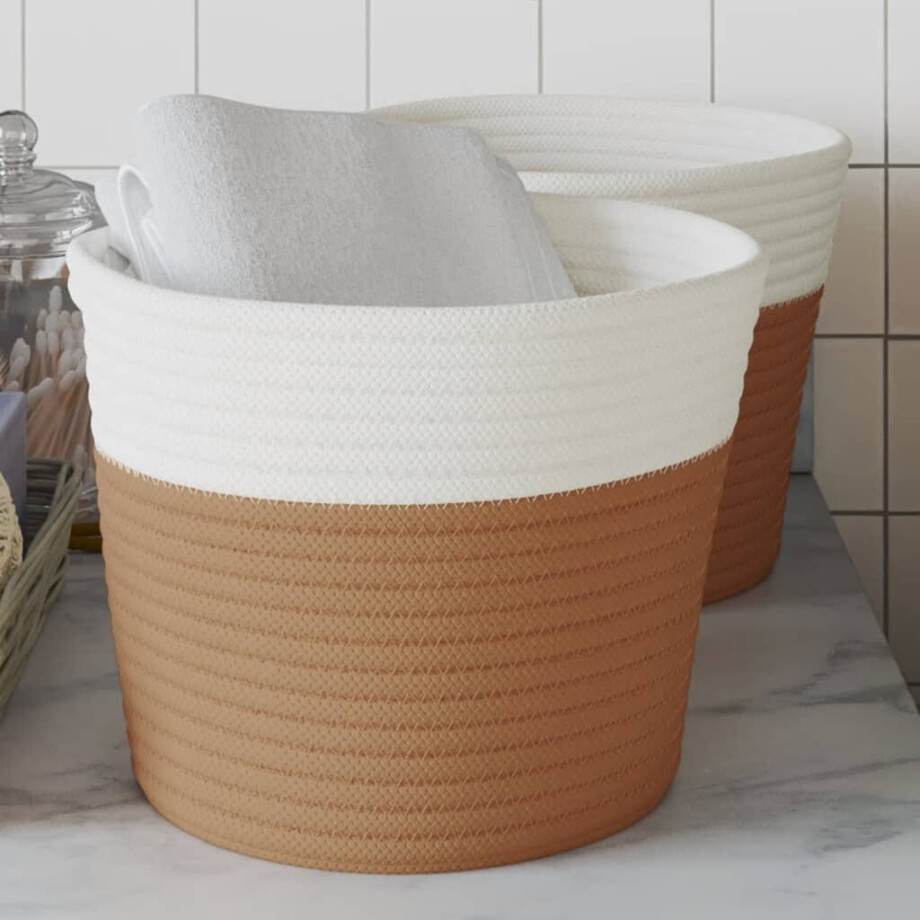 vidaXL Opbergmanden 2 st Ø 24x18 cm katoen bruin en wit afbeelding 1