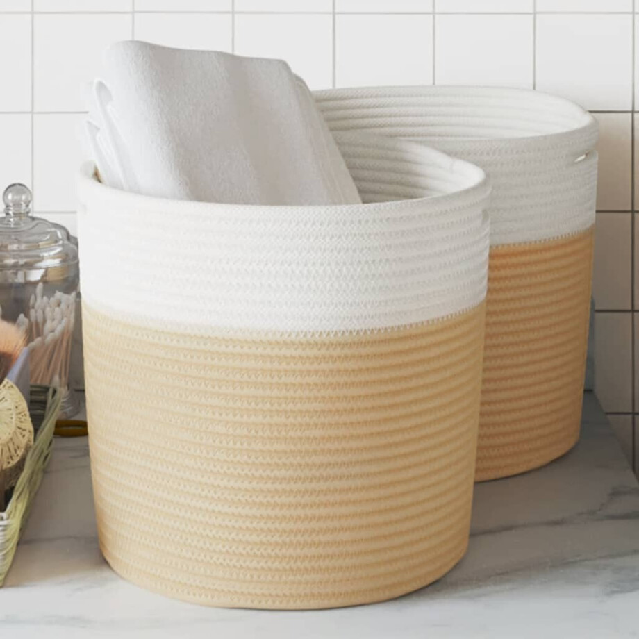 vidaXL Opbergmanden 2 st Ø 28x28 cm katoen beige en wit afbeelding 1
