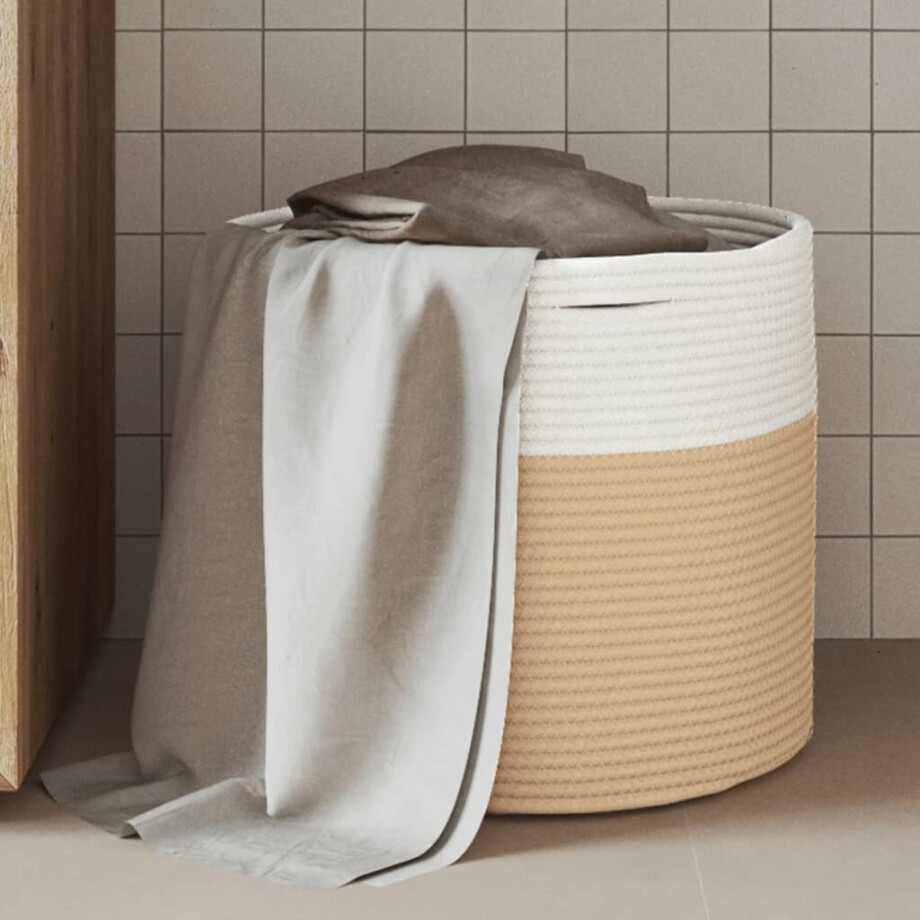 vidaXL Opbergmand Ø 40x35 cm katoen beige en wit afbeelding 1