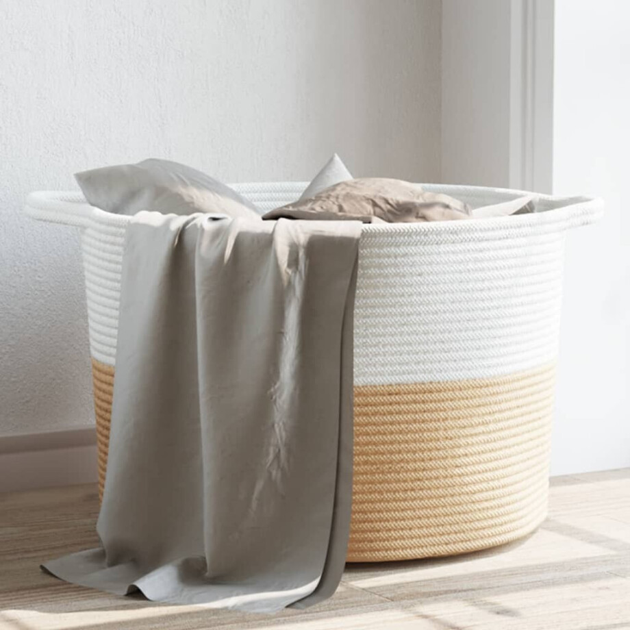 vidaXL Wasmand Ø 55x36 cm katoen beige en wit afbeelding 1