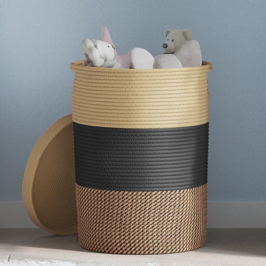 vidaXL Opbergmand met deksel Ø 37x50 cm katoen zwart en beige vidaXL Opbergmand met deksel Ø 37x50 cm katoen zwart en beige afbeelding 1