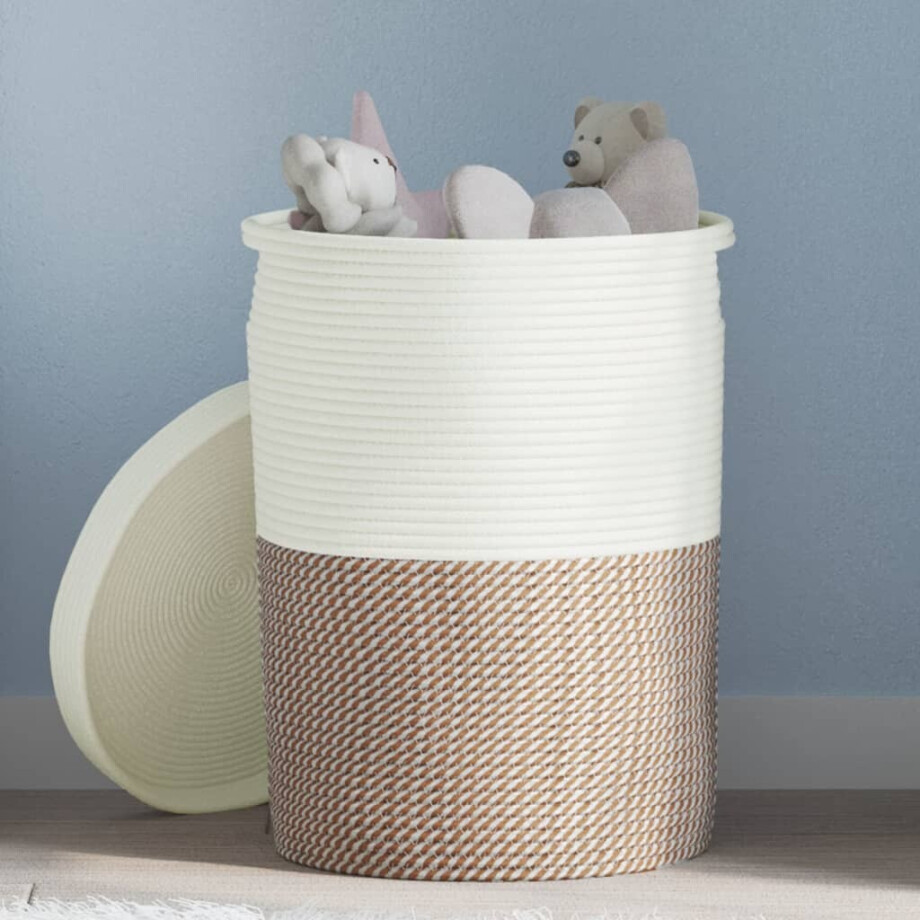 vidaXL Opbergmand met deksel Ø 37x50 cm katoen bruin en wit vidaXL Opbergmand met deksel Ø 37x50 cm katoen bruin en wit afbeelding 1