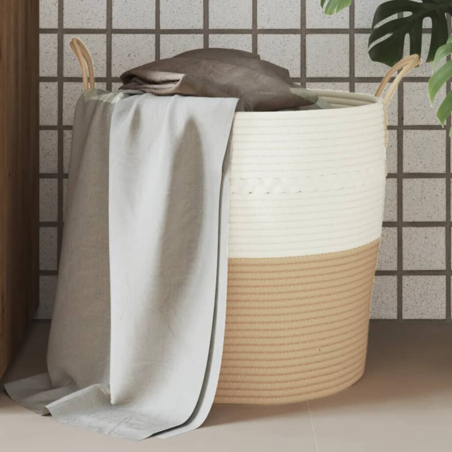 vidaXL Opbergmand Ø 43x38 cm katoen beige en wit afbeelding 1