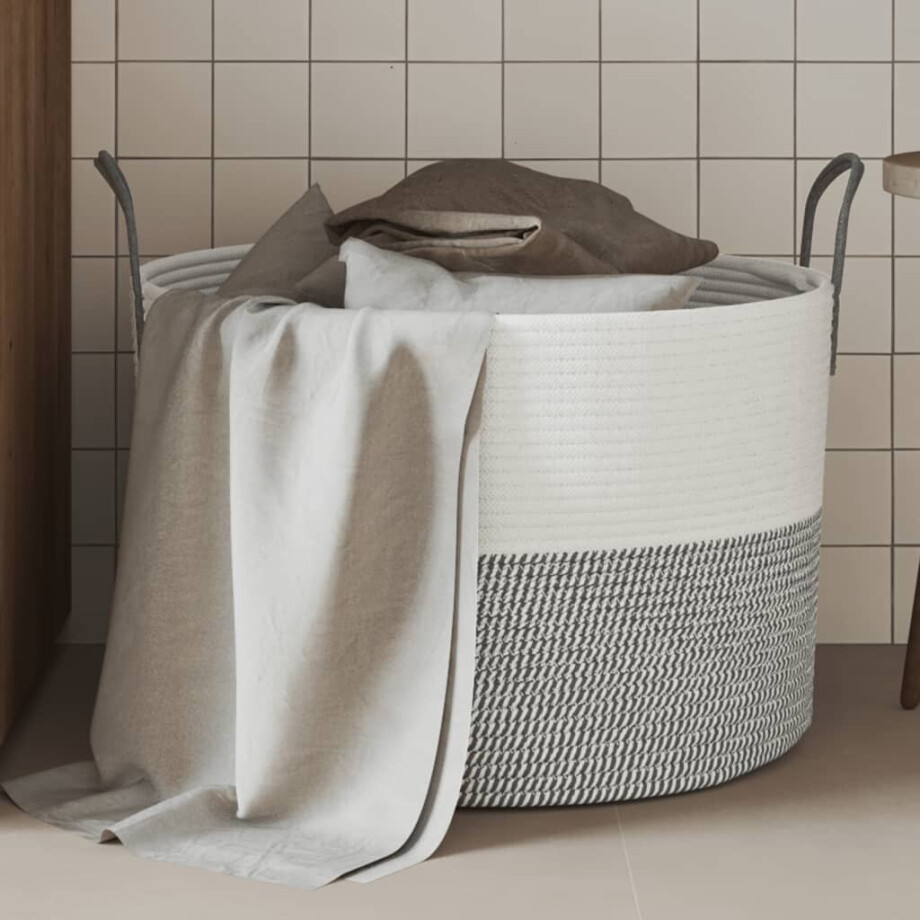 vidaXL Opbergmand Ø 51x33 cm katoen grijs en wit afbeelding 1