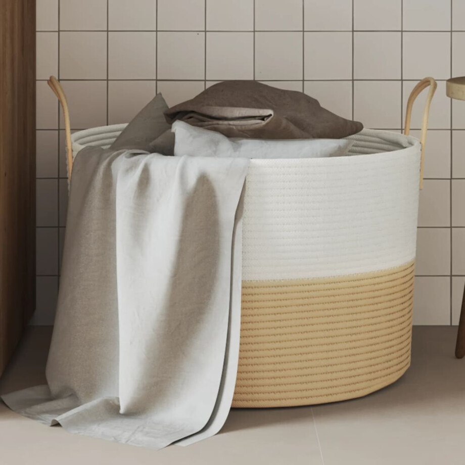 vidaXL Opbergmand Ø 51x33 cm katoen beige en wit afbeelding 1