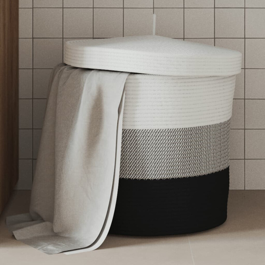 vidaXL Opbergmand met deksel Ø 40x35 cm katoen wit en zwart afbeelding 1