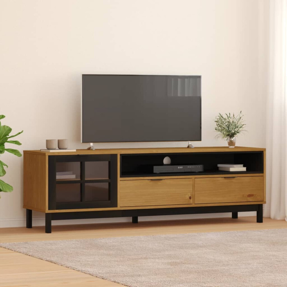vidaXL TV-meubel met glazen deur FLAM 158x40x50 cm massief grenenhout vidaXL TV-meubel met glazen deur FLAM 158x40x50 cm massief grenenhout afbeelding 1