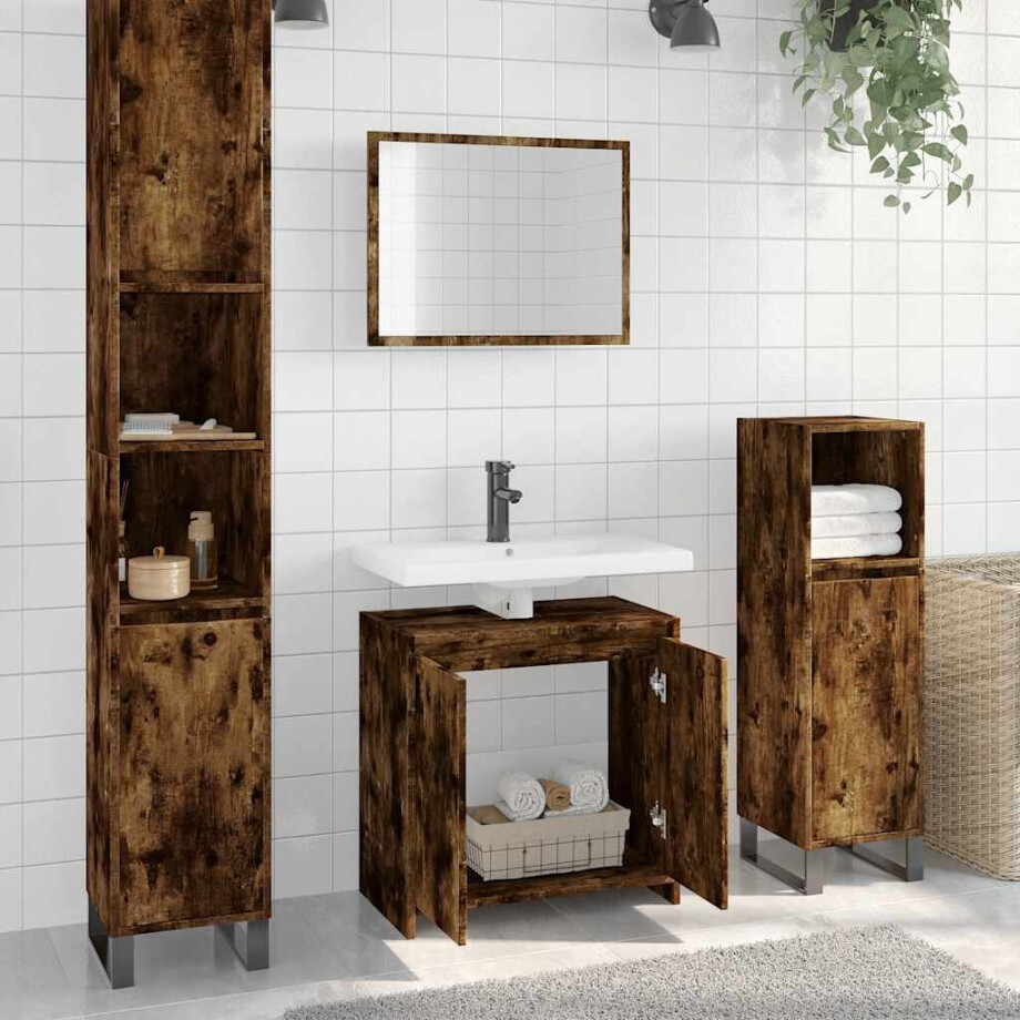 vidaXL 2-delige Badkamermeubelset bewerkt hout gerookt eikenkleurig afbeelding 1