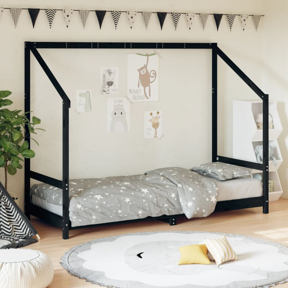 vidaXL Kinderbedframe 80x200 cm massief grenenhout zwart afbeelding 1
