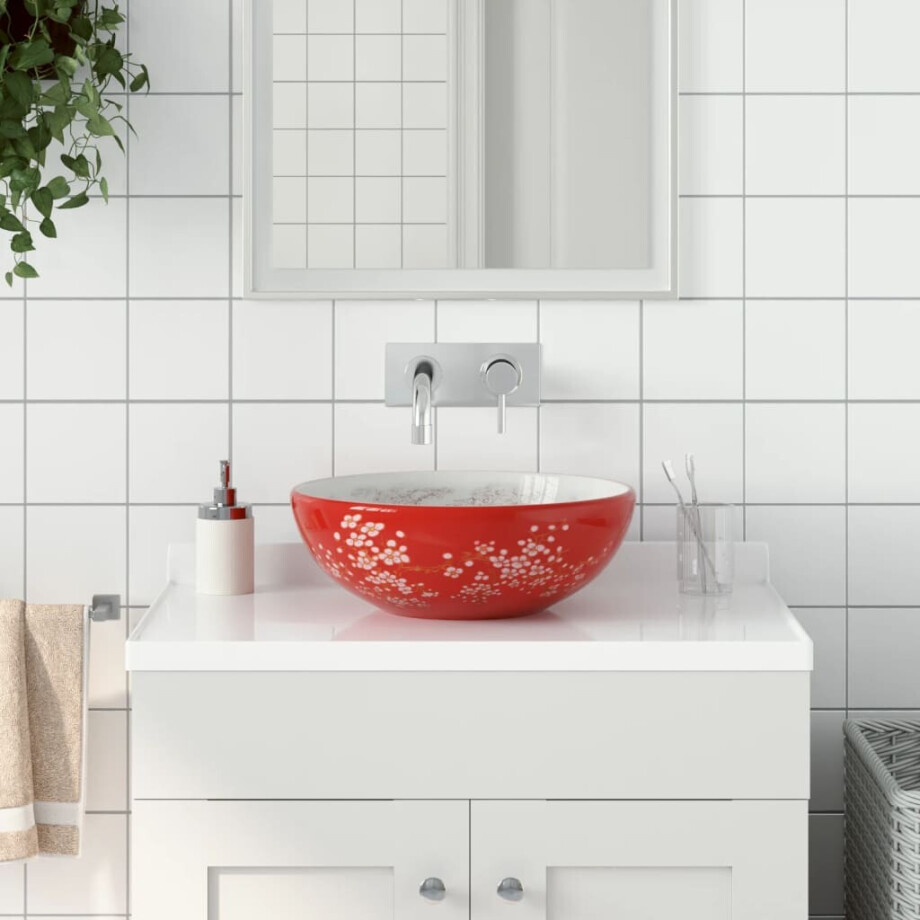 vidaXL Opzetwasbak rond Φ41x14 cm keramiek wit en rood afbeelding 1