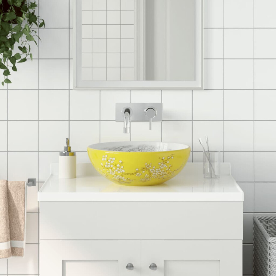 vidaXL Opzetwasbak rond Φ41x14 cm keramiek wit en geel afbeelding 1