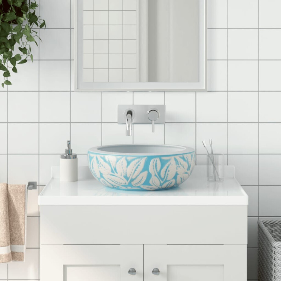 vidaXL Opzetwasbak rond Φ41x14 cm keramiek wit en blauw afbeelding 1